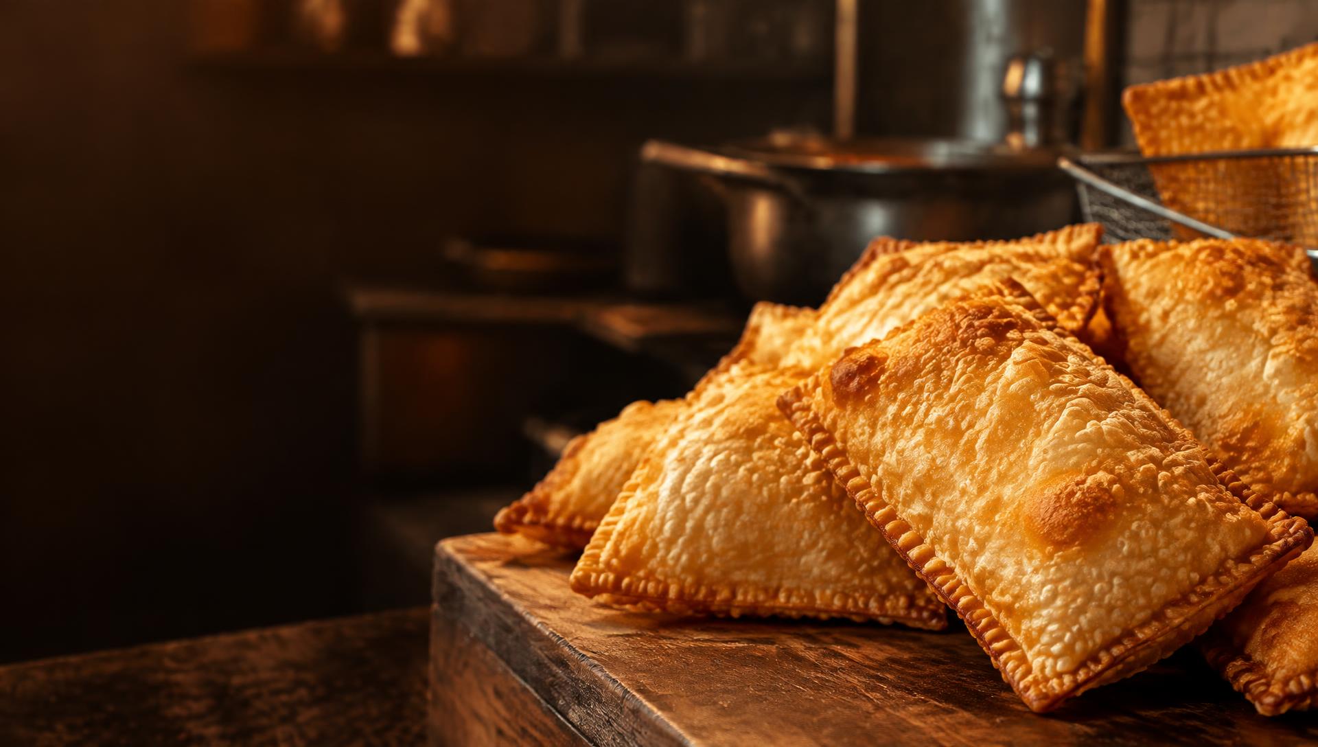 Pastéis dourados recém-preparados